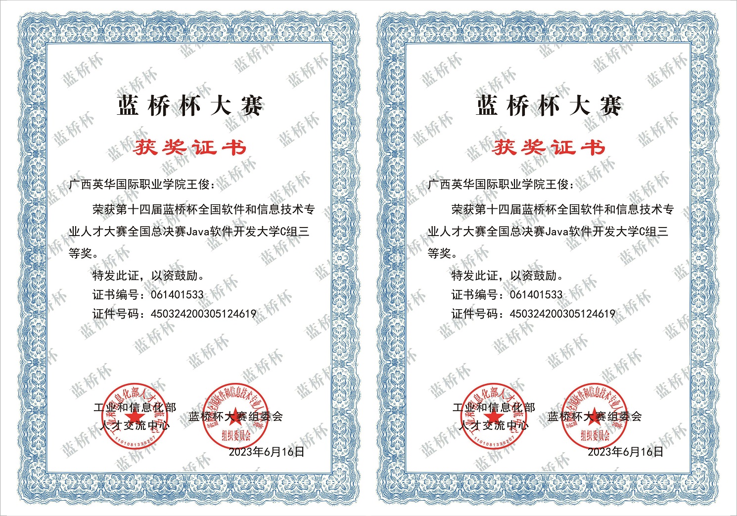 蓝桥杯信息人才大赛国赛三等奖